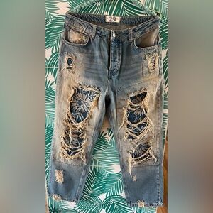 Free People Desert Rose Jeans high rise strait leg embroidered floral sz 29